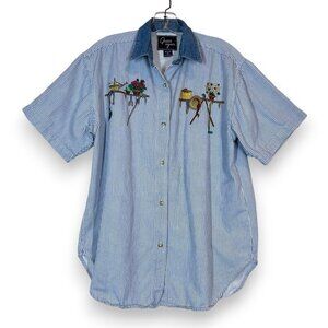 Vintage Embroidered Gardening Short Sleeve Shirt Top Medium Blue Pinstriped